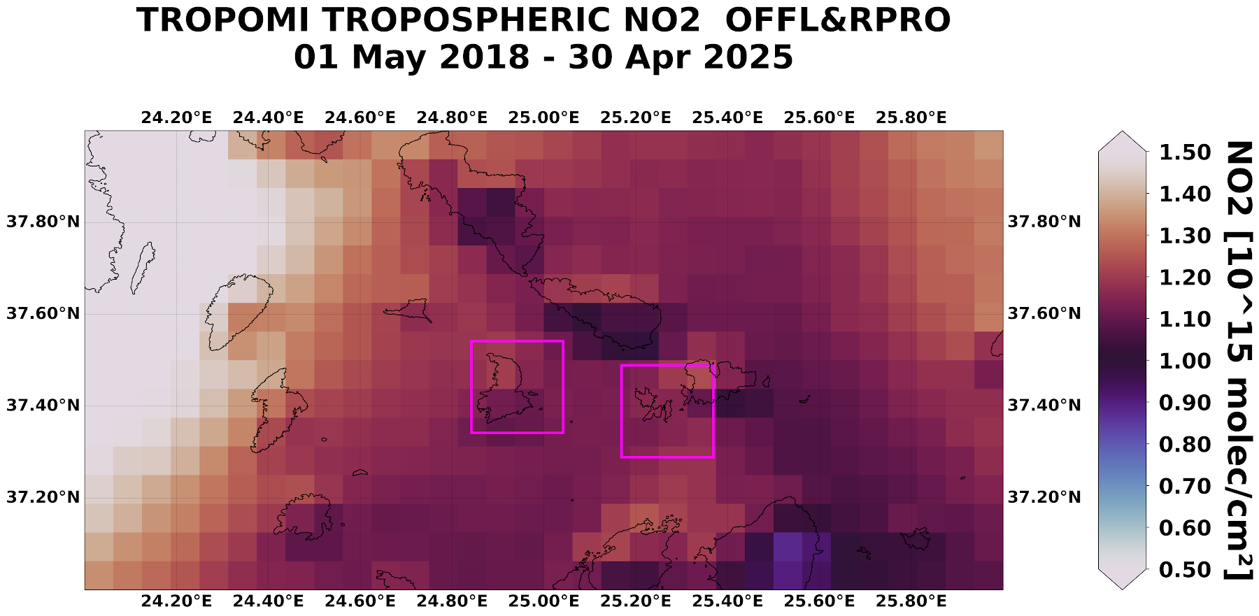 Χάρτης μέσης ετήσιας κατανομής NO2