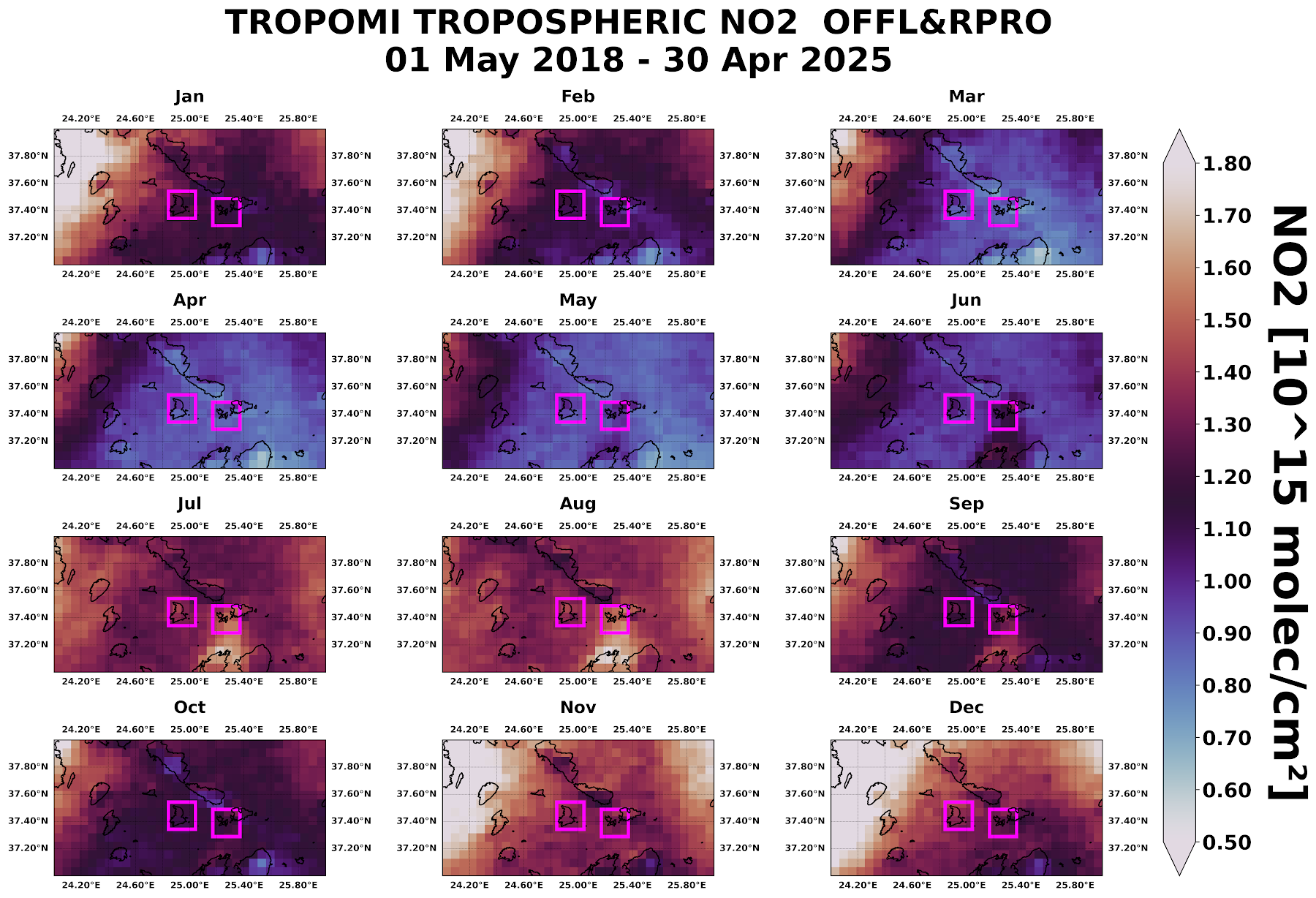 Μέσες μηνιαίες γεωγραφικές κατανομές διοξειδίου του αζώτου