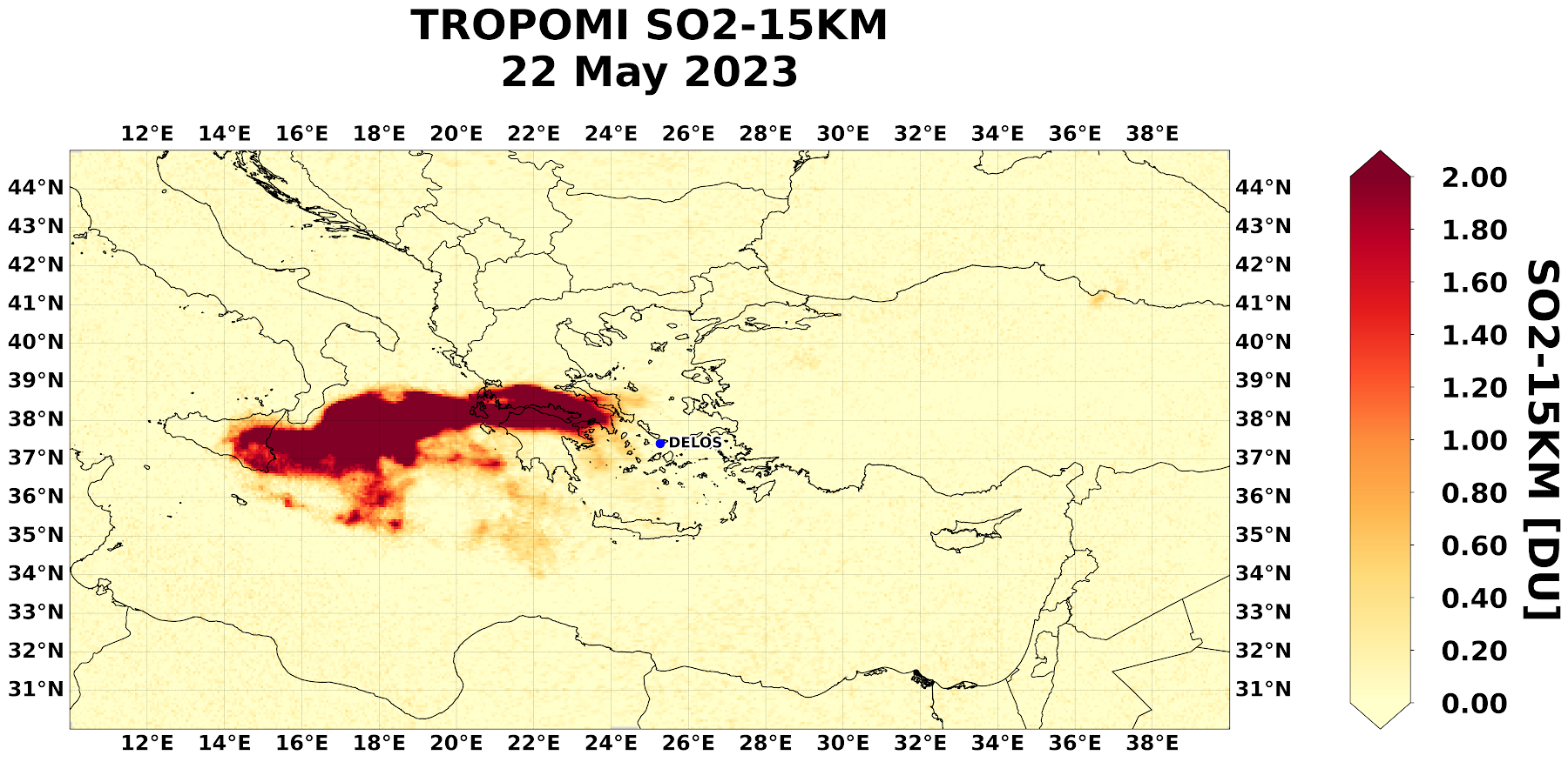 Γεωγραφική κατανομή διοξειδίου του θείου από TROPOMI